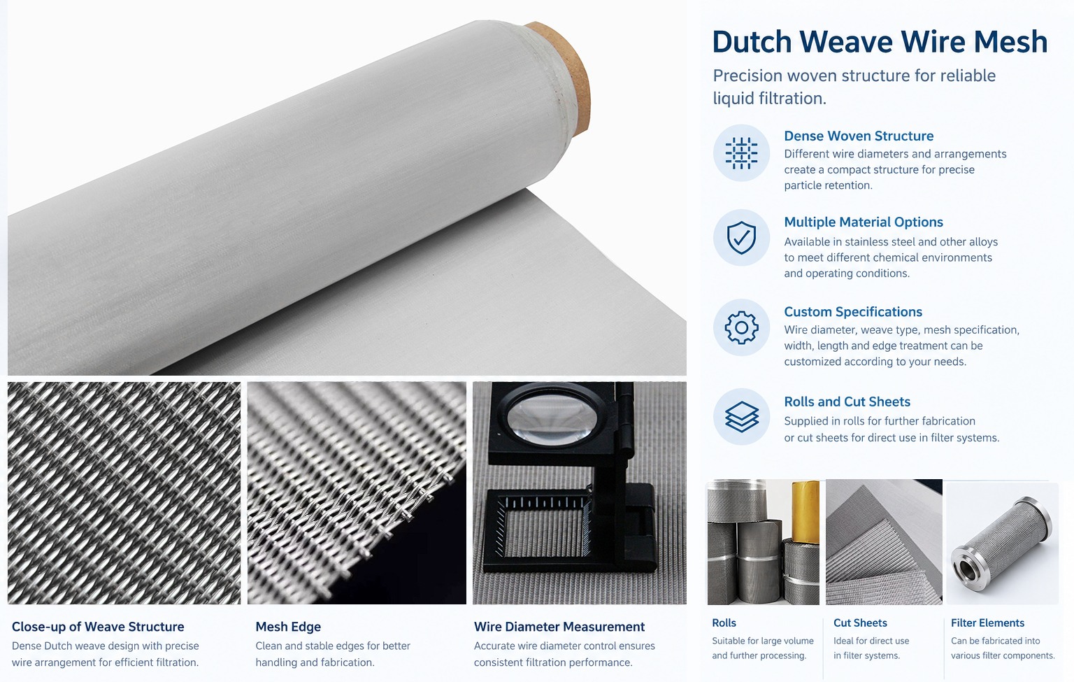 Dutch weave wire mesh filter cloth for precision industrial liquid filtration